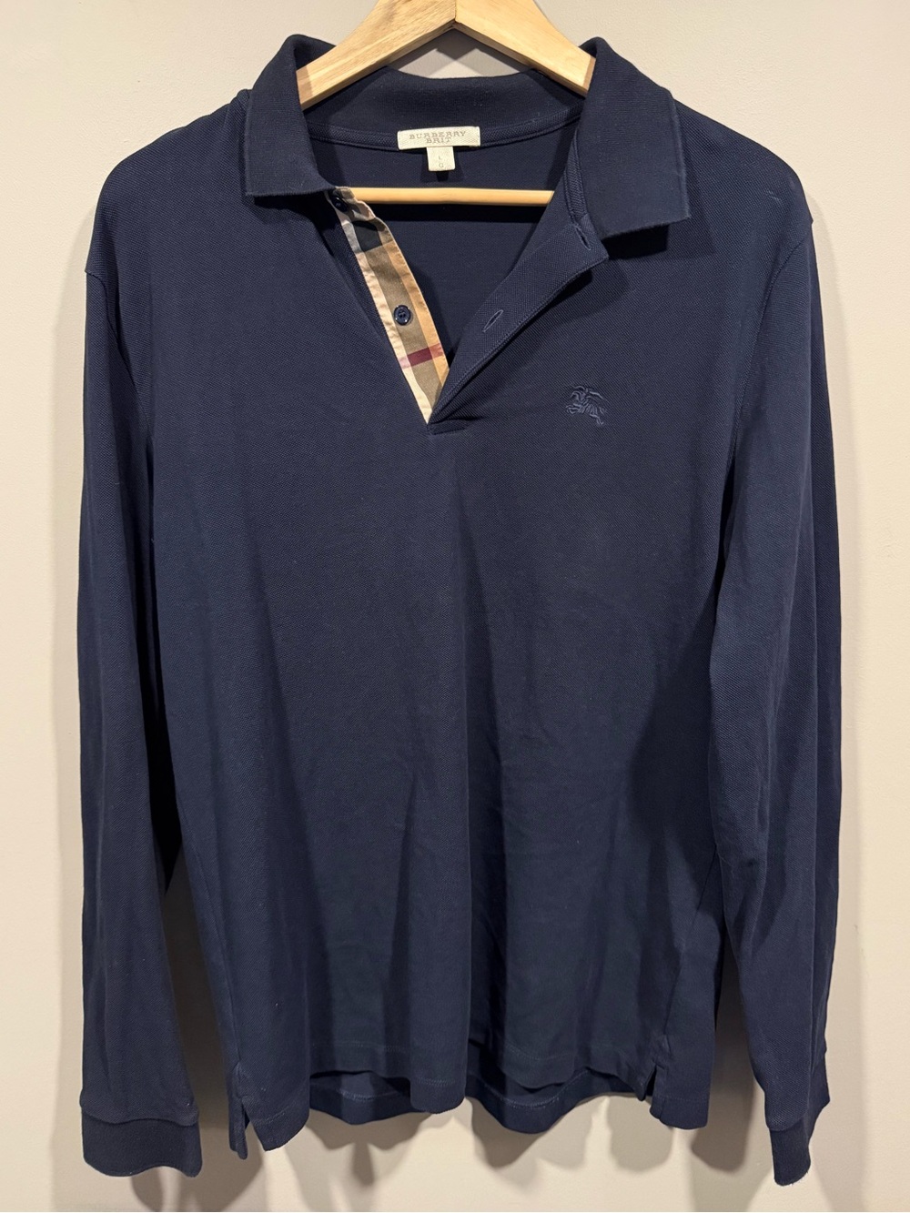 Burberry Navy Long Sleeve Polo with Check Trim